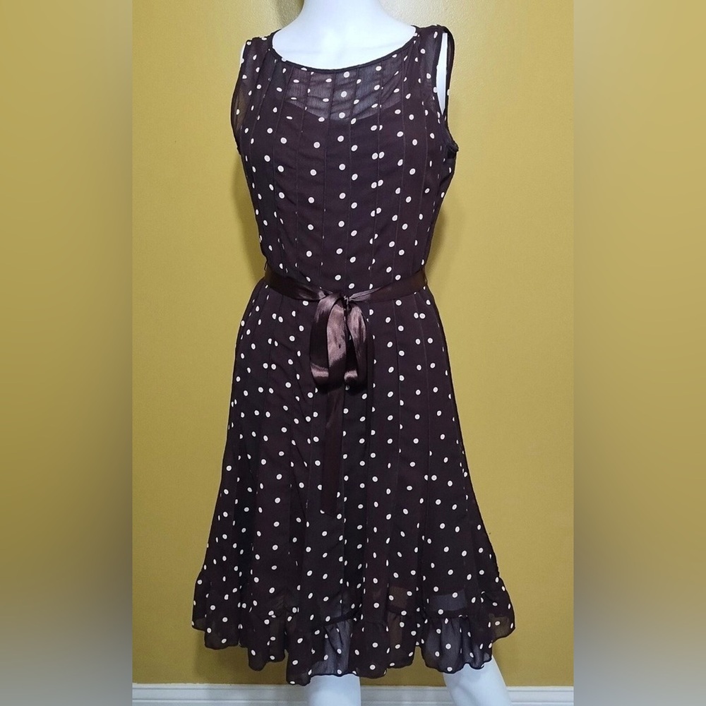 Studio One Classic Brown Polka Dot Tie-Waist Dress